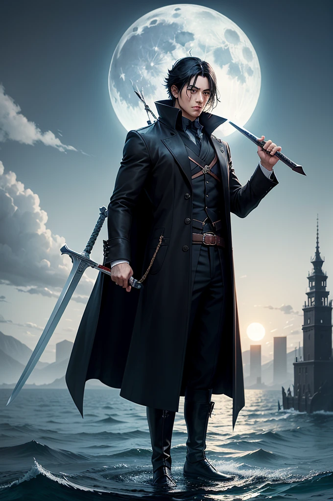 Black hair character,black overcoat,raising the sword to the sky,Stand on the water,big moon in the background 