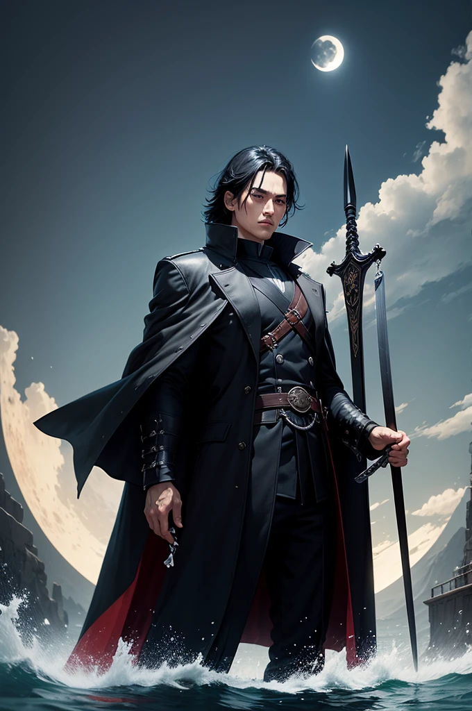 Black hair character,black overcoat,raising the sword to the sky,Stand on the water,big moon in the background 