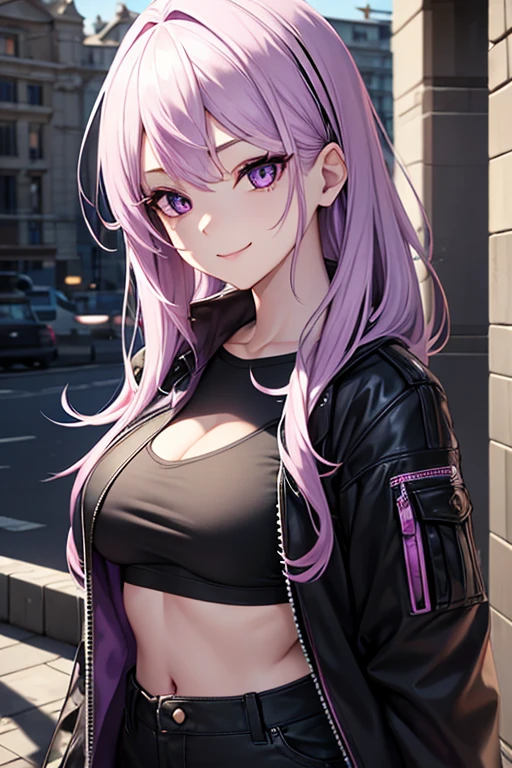 One beautiful young woman, light purple hair, long slightly waved and combed to one side, purple eyes, sharp eyes, eyeliner, pretty smile, pale skin, extremely beautiful, kind, sweet, White, black jacket, black cargo pants, anime realism style, portrait, vibrant lighting, color palette: light purple and black, (best quality, 4k, 8k, highres, masterpiece:1.2), ultra-detailed, realistic:1.37
