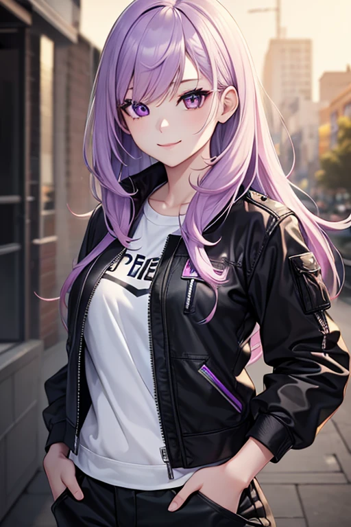 One beautiful young woman, light purple hair, long slightly waved and combed to one side, purple eyes, sharp eyes, eyeliner, pretty smile, pale skin, extremely beautiful, kind, sweet, White, black jacket, black cargo pants, anime realism style, portrait, vibrant lighting, color palette: light purple and black, (best quality, 4k, 8k, highres, masterpiece:1.2), ultra-detailed, realistic:1.37