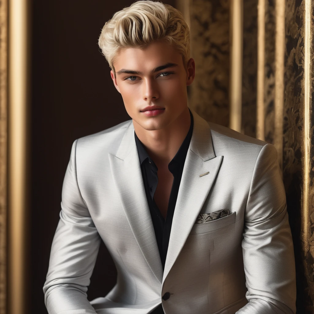 Candid Vogue fashion editorial shot of mixed of male supermodel Sean O’Pry  and  Lucky Blue Smith, 22 year old, short platinum blonde hair, masculine appearance with slender physique, symmetric face, natural olive skin tone, exudes youthfulness and athleticism, he is very photogenic, Position against an ornate dark background featuring a framed floral painting wallpaper to add depth and richness to the scene, (He wears a luxurious white and rainbow patterned suit whit short pants), semi hard bulge, expression is serene and slightly introspective, with a soft confident gaze directed slightly off-camera, Utilize natural soft lighting streaming in from a window, casting gentle highlights and shadows that accentuate the contours of his face and the texture of his outfits, The light creates a warm intimate atmosphere with a golden tone that enhances his skin, The interplay of light and shadow adds depth and dimension to the scene, slightly blurred focus background, bringing into sharp clear detail while the rich tones of the background enhance the overall opulence of the image. Capture full-body short, dynamic angle, using a Canon EOS R7 and Sigma AF 85mm F1.4 EX DG HSM lens by Thomas Synnamon, Employ a shallow depth of field to focus on his face and body, Draw inspiration from high-fashion photographer, emphasize detail, texture and a sophisticated luxurious atmosphere, Emphasize the golden warm lighting and its effect on enhancing his features and the rich textures, creating a visually captivating and elegant portrait that exudes warmth and sophistication, The overall mood blend the classical elegance of the modern, high-fashion aesthetic, producing an image that feels both timeless and contemporary, raw photo, masterpiece, best quality, Correct body structure, Correct photo distance, LGBTQ,