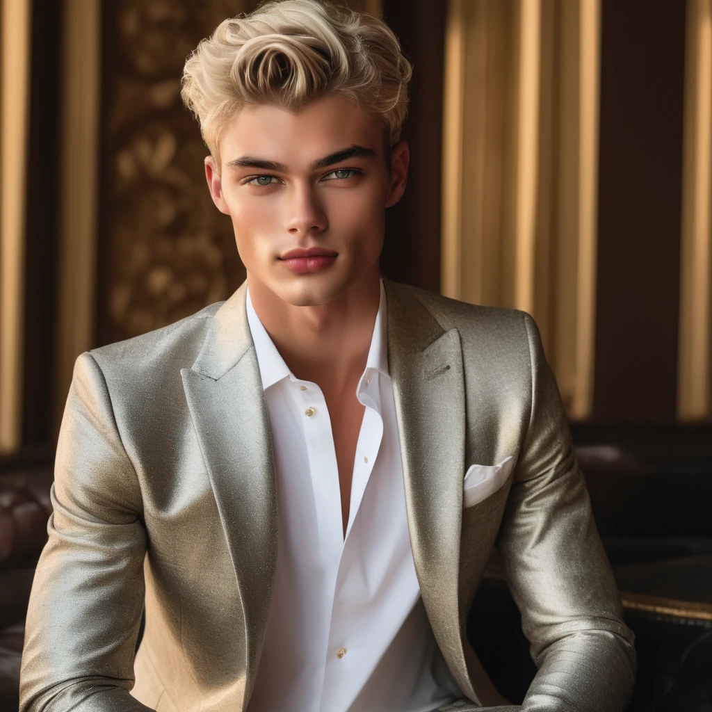 Candid Vogue fashion editorial shot of mixed of male supermodel Sean O’Pry  and  Lucky Blue Smith, 22 year old, short platinum blonde hair, masculine appearance with slender physique, symmetric face, natural olive skin tone, exudes youthfulness and athleticism, he is very photogenic, Position against an ornate dark background featuring a framed floral painting wallpaper to add depth and richness to the scene, (He wears a luxurious white and rainbow patterned suit whit short pants), semi hard bulge, expression is serene and slightly introspective, with a soft confident gaze directed slightly off-camera, Utilize natural soft lighting streaming in from a window, casting gentle highlights and shadows that accentuate the contours of his face and the texture of his outfits, The light creates a warm intimate atmosphere with a golden tone that enhances his skin, The interplay of light and shadow adds depth and dimension to the scene, slightly blurred focus background, bringing into sharp clear detail while the rich tones of the background enhance the overall opulence of the image. Capture full-body short, dynamic angle, using a Canon EOS R7 and Sigma AF 85mm F1.4 EX DG HSM lens by Thomas Synnamon, Employ a shallow depth of field to focus on his face and body, Draw inspiration from high-fashion photographer, emphasize detail, texture and a sophisticated luxurious atmosphere, Emphasize the golden warm lighting and its effect on enhancing his features and the rich textures, creating a visually captivating and elegant portrait that exudes warmth and sophistication, The overall mood blend the classical elegance of the modern, high-fashion aesthetic, producing an image that feels both timeless and contemporary, raw photo, masterpiece, best quality, Correct body structure, Correct photo distance, LGBTQ,