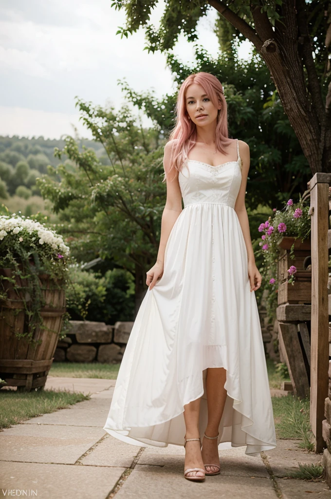 beautiful pink haired western woman wearing a white dress at a wedding