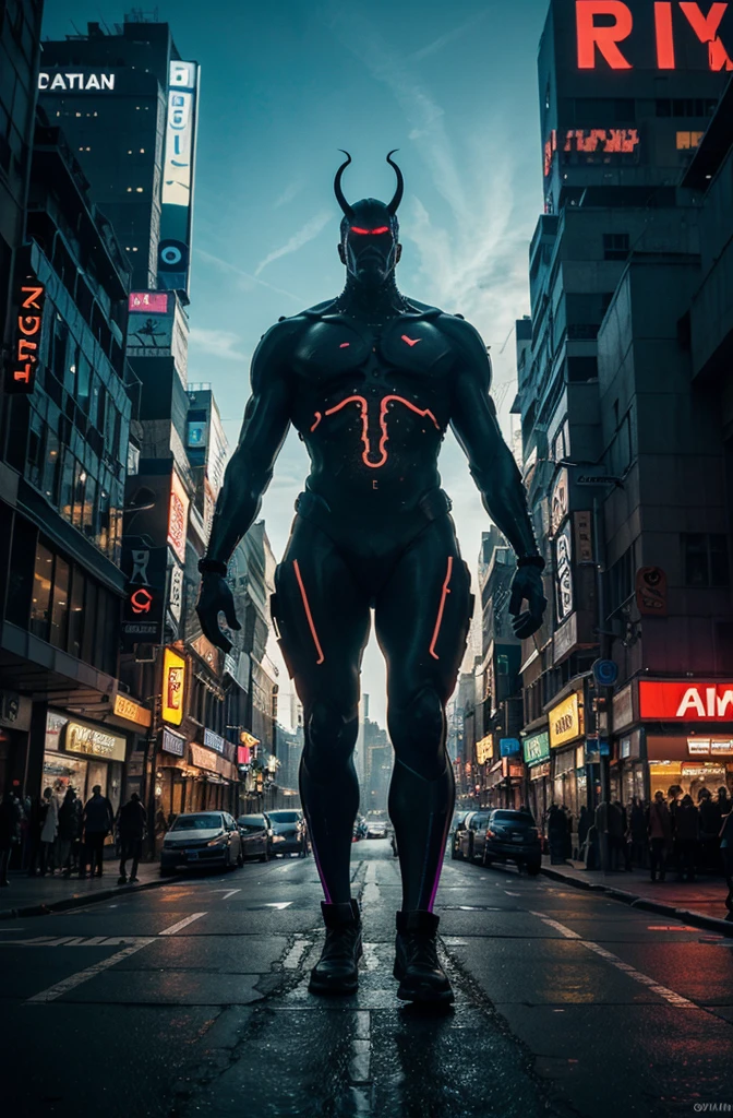 -A surreal movie scene starring a giant., Otherworldly creature towering over a futuristic cityscape.. The scene is bathed in vibrant, neon colors and features intricate details and textures. , Todd Phillips motion picture , Dante Spinotti
