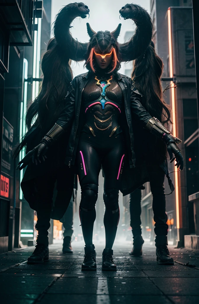 -A surreal movie scene starring a giant., Otherworldly creature towering over a futuristic cityscape.. The scene is bathed in vibrant, neon colors and features intricate details and textures. , Todd Phillips motion picture , Dante Spinotti