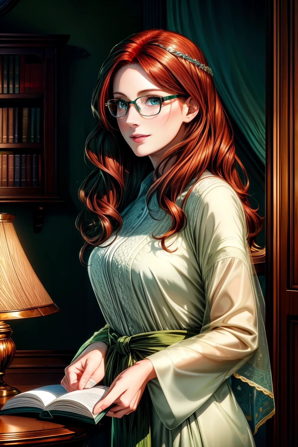 Masterpiece, top quality, 16K UHD,
standing,
Well-lit cozy study, Clara, solo, mature woman, intriguing, thoughtful, book in hand, auburn hair in soft waves around shoulders, green eyes reflecting love for books, fair complexion, warm, inviting smile, stylish yet comfortable clothing, accessorized with reading glasses perched on head, photorealistic image.
Clara, a woman in her early thirties, stands gracefully in her well-lit cozy study. Her auburn hair embraces her like a soft veil, falling in gentle waves around her shoulders. Her green eyes, bright and inquisitive