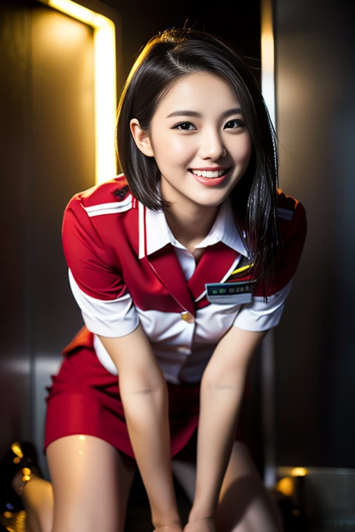 (a gorgeous lady, age 21, Flight Attendant uniform, Shenzhen Airlines Stewardess, wet white shirt, wet red mini-skirt, kneeling in a steamy bathroom, dimpled smile, short ponytai hair, short bob hair, cute snaggleteeth, well-endowed round bosom, long flawless legs, photorealistic, beautiful detailed eyes, beautiful detailed face, hyper-realism, high contrast, ultra HD, realistic skin textures, top image quality, top-quality, super high resolution, fine details, very meticulously, close-up shot, head to thigh, romantic night, dark bokeh background)