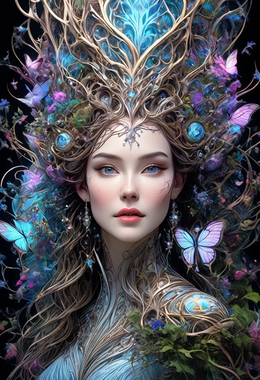 ((plano general, whole body, whole body, whole body:1.5)), (tangled, datura, fractal, lattice), (surreal fractal art:1.3), (mechanical bioluminescent elf princess:1.5), (Very detailed, 8k, beautiful epic dramatic scene), (photorealistic, cinematic lighting, dramatic, impressive composition), (awesome colors, Vibrant, bright), (from another world, ethereal, mystic)