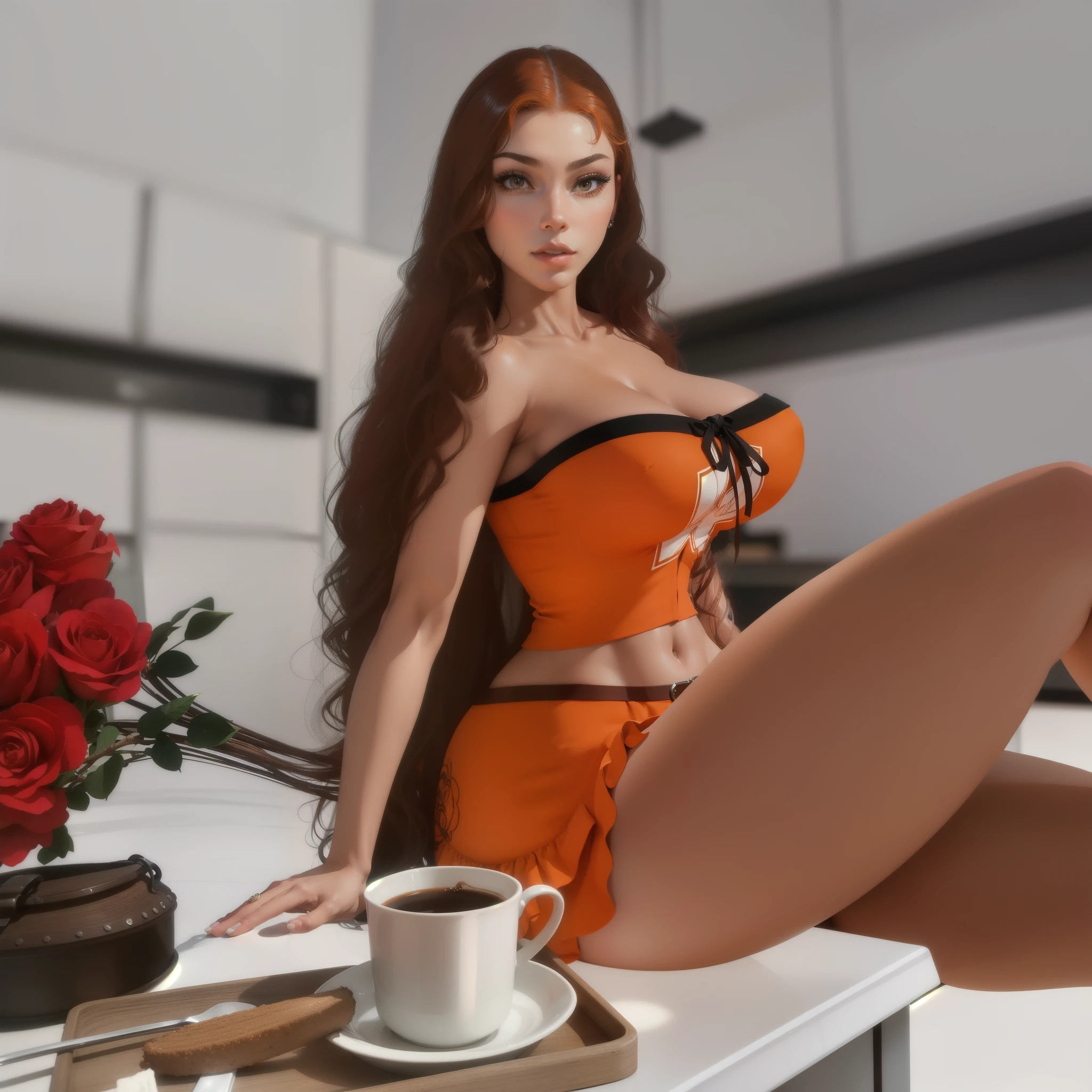 (masterpiece), (best quality), (ultra-detailed), ((masterpiece)) ((best quality)) ((ultra-detailed)) there is a woman sitting on a counter with a cup of coffee, imvu, second life avatar, late morning, inspired by Rowena Meeks Abdy, morning time, morning coffee, morning glow, sitting on a mocha-colored table, detailed scene, orange skin and long fiery hair, secondlife, elegant pose, inspired by Esaias Boursse