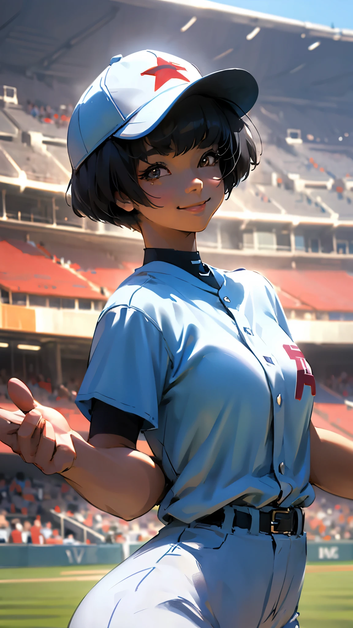 Baseball uniform、Large Breasts、smile、Subjective、Upper Body、Afro-American、Girl、Tan Skin、Black Hair、Short Bob Cut、Stadium。