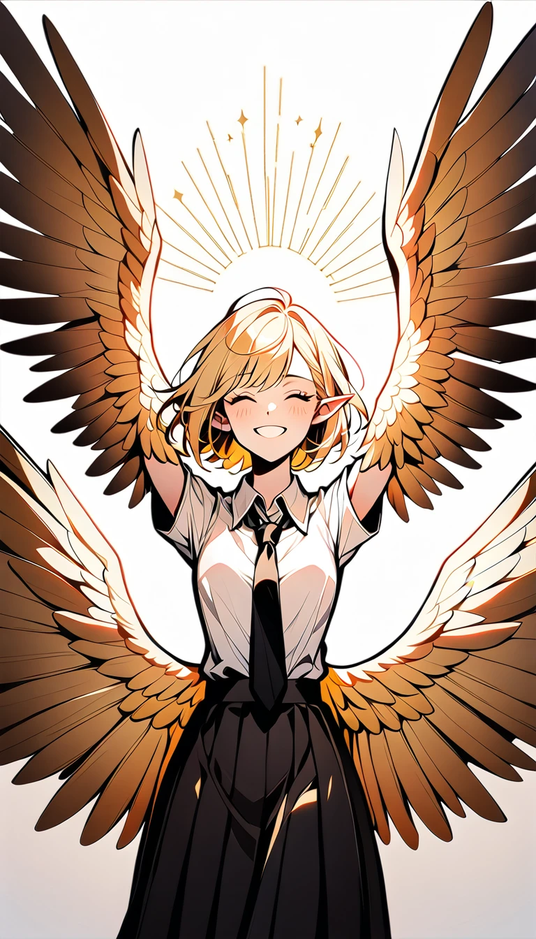 1girl,20s,happy,white shirt,black standard tie,short sleeves,black school skirt,short hair,light blonde hair,pointy ears,harpy wings, winged arms,(white background,line drawing),, illuminated, colorful,radiant, graceful, sacred, artistic, 