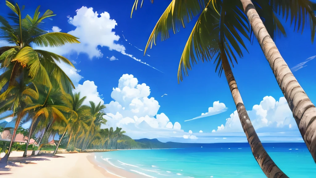 Tropical Sea,noon,Sunny sky with fluffy white clouds,Palm tree,Glitter effect,Highest quality, 8K, High resolution, masterpiece:1.2, Very detailed, Realistic:1.37, High resolution, 超High resolution, Ultra-fine painting, Professional, Vibrant colors