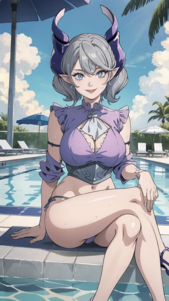 　High level image quality　best image quality　8K　 adult woman    pool party  rain　palm trees  more colors   whole body view　portrait　 bikini   　horn    ears  　short hair（（shortcut）（gray hair）（perm）（fluffy））　eye color is blue ,  , 　attractive evil face , smile   ,   pose   ,  labrynth ,  barearm    , wearing pink shirt    , sitting on person by the pool , crossed legs  , all wet , wet hair 