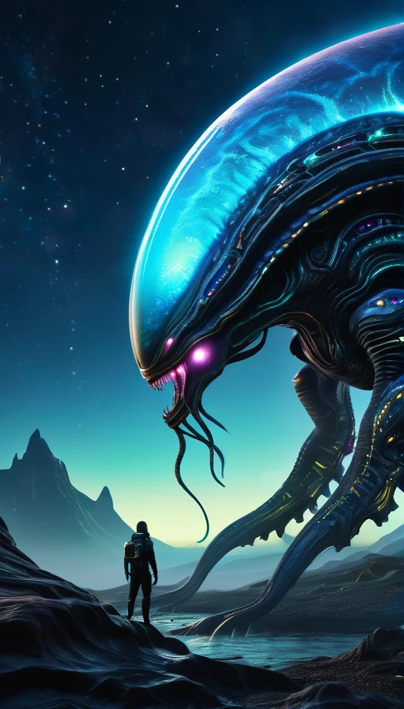 a huge cosmic mimic,sci-fi, detailed alien creature, biomechanical, alien landscape, glowing organic textures, bioluminescent, ethereal, highly detailed, cinematic lighting, dramatic, hyper realistic, 8k, masterpiece