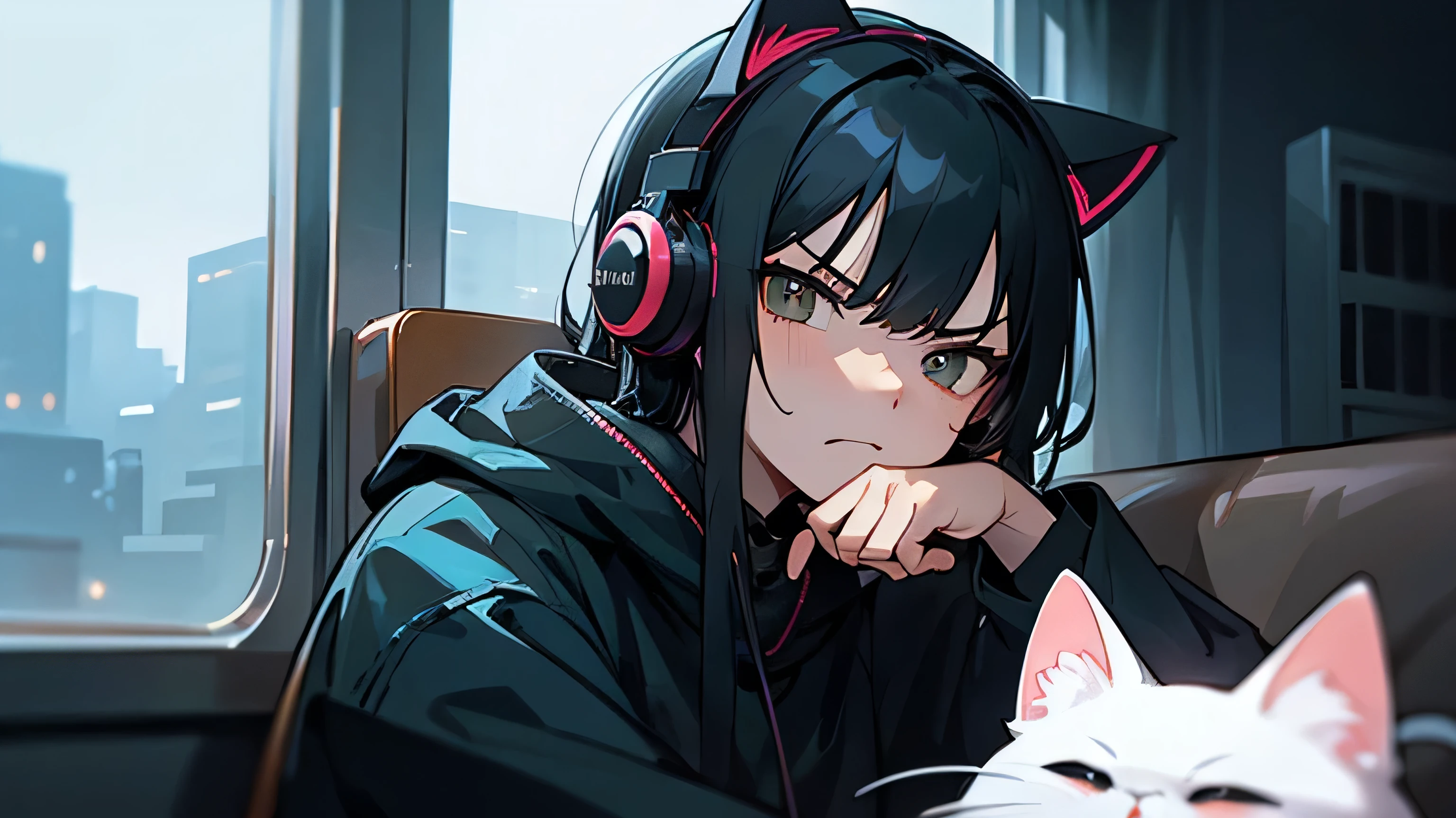 Room with speakers、Cat with headphones、Face close-up、night、Black Hair、angry、Sitting in a chair