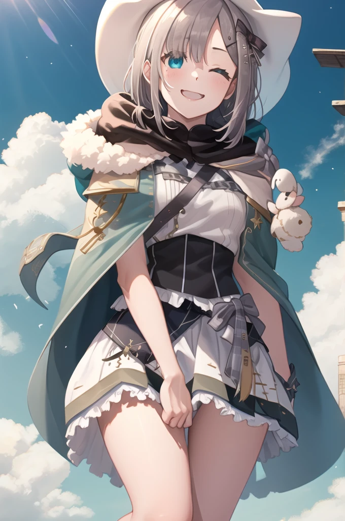 (masterpiece, Highest quality:1.2), Cowboy Shot, alone, One girl, Sumire Kaga, Virtual YouTuber, smile, Mouth closed, View your viewers, short hair, hair ornaments, White Hat, shirt, Capelet, Scarf Crouching,skirt,Thighs,barefoot,White underwear