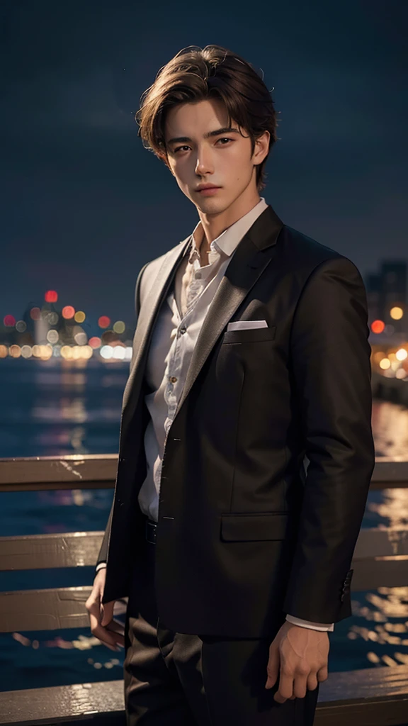 Highest quality, masterpiece, Ultra-high resolution, (Realistic:1.4), RAW Photos, Young and handsome men, Brown Hair, (Night city background:1.2)
