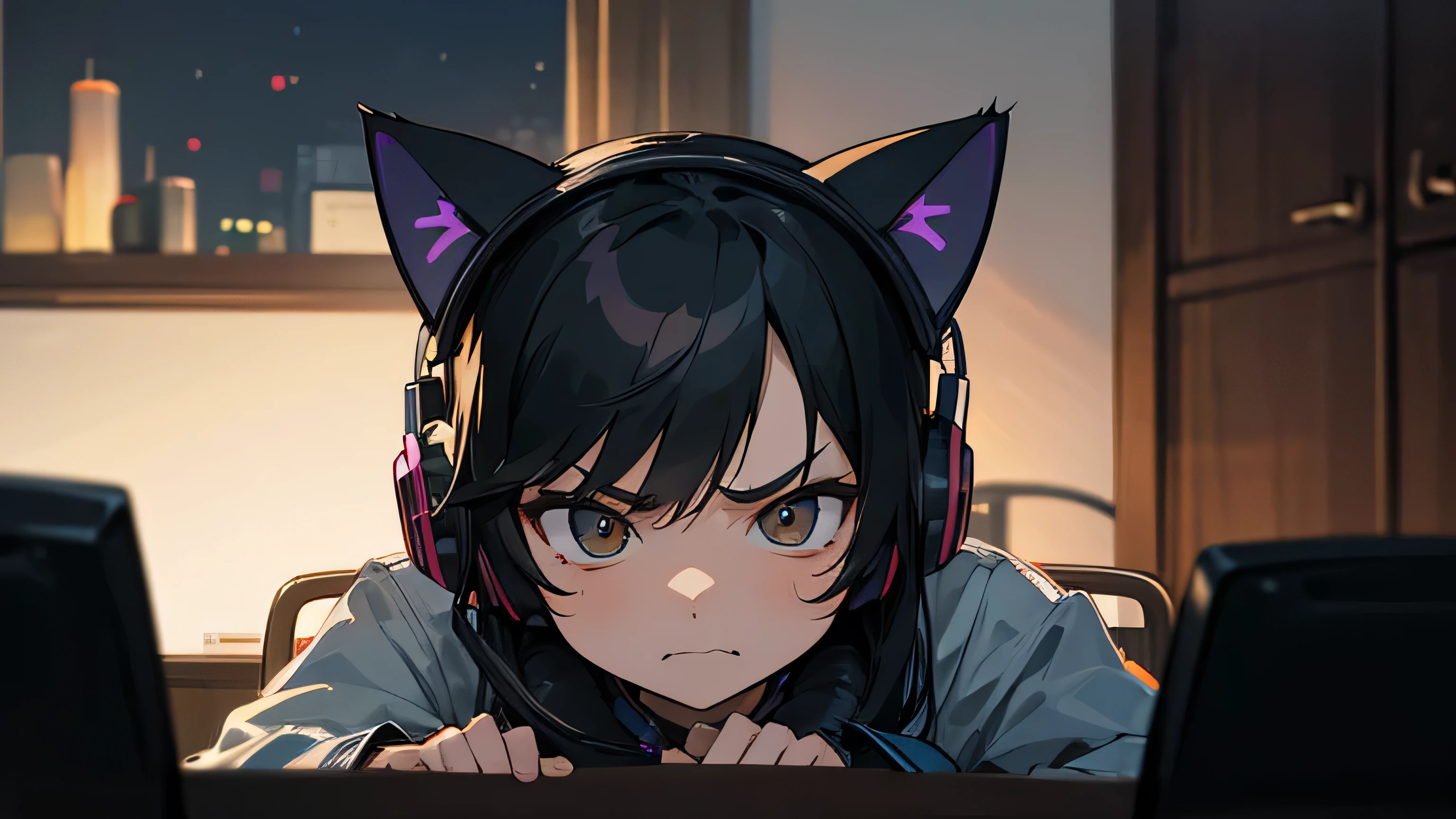 Room with speakers、Cat with headphones、Face close-up、night、Black Hair、angry、Sitting in a chair