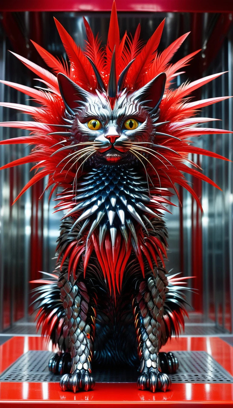 There is no one, Reality Photos, Reality Photos, Realistic photo of a cat-like creature, spikes, multi-colored shiny feathers, strange and, Surreal and, the other world, A robotic factory with a shiny assembly plant, intricate details, very sharp, Sophisticated details, Flawless composition, vivid colors, masterpiece, futuristic, metal decoration, shiny red interior, It&#39;s empty inside, Glossy Ray Tracing