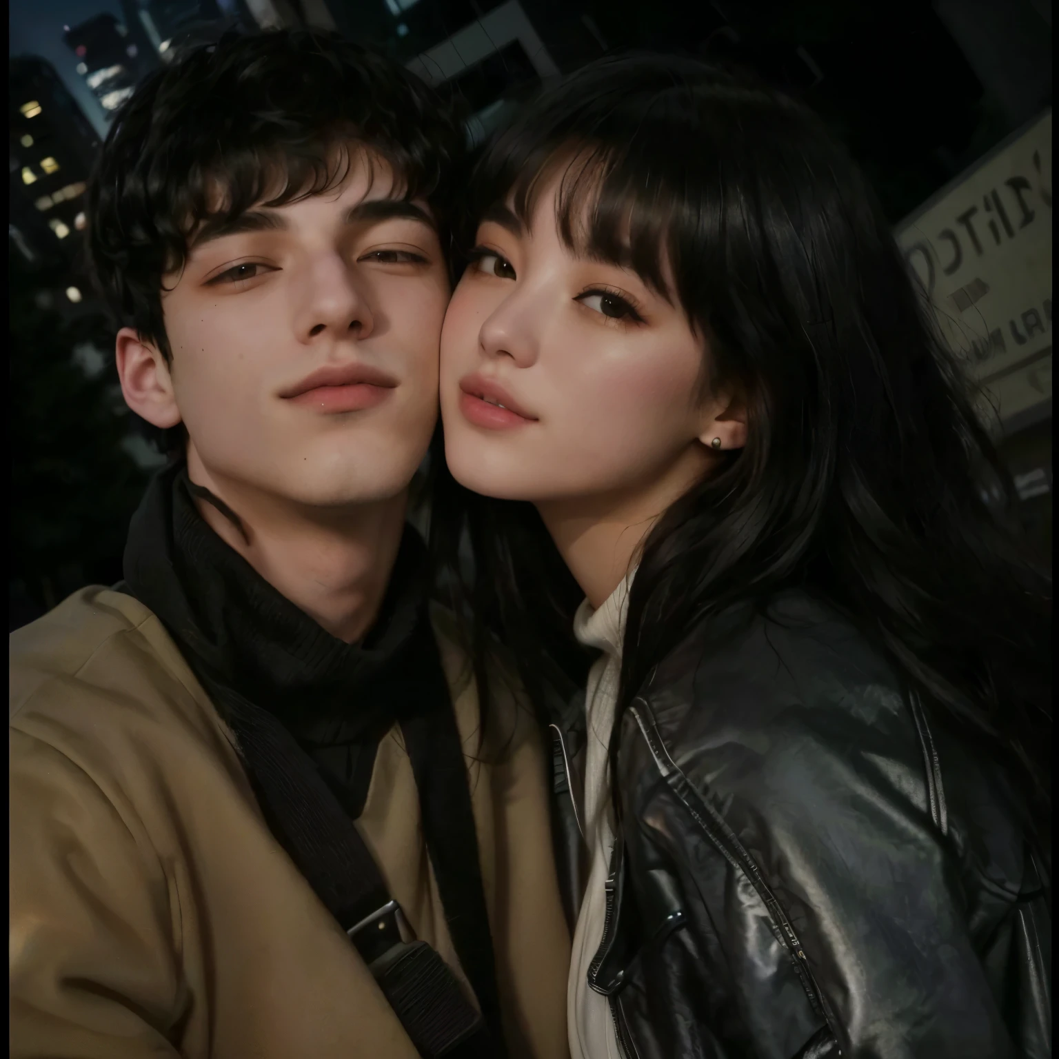 arafed man and woman kissing in front of an urban landscape, charli bowater y artgeem, Jordan Grimmer and Natasha Tan, Pete Davidson, very very low quality image, she has black hair with bangs, 😭 🤧 💔, ariana brand, ✨🕌🌙, 1614572159, little peep, profile picture