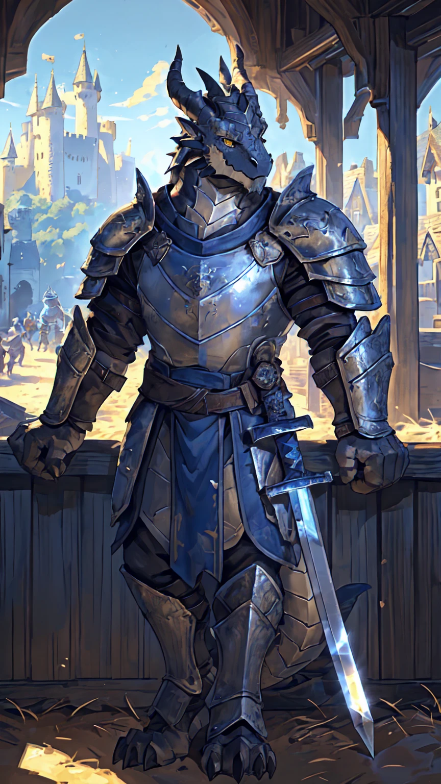 ((middle Ages:1.6，Castle Background:1.4))，((Cruz:1.6))，Sunlight，high resolution，4K，gay，(((whole body:1.1，sideways:1.3)))，masterpiece，high quality，Calm and composed，((dragon))，male，dragonFurry，(teenager:1.3)，hairy，((stable，Handsome face:1.4))，((peaceful))，((Holding a long sword:1.3))，(((Strong:1.4，Long legs:1.3，Thick dragon tail:1.2)))，(((Gray heads:1.2，Golden pupils:1.2，White Neck:1.3，Gray back of hands:1.4，White Skin:1.3)))，(((White Armor:1.3，There is a blue flag on the armor:1.4)))，Mature face，Exquisite eyes，Detailed body，Detailed hands，Detailed feet，Kenket&#39;s Art，Strike a pose:1.3