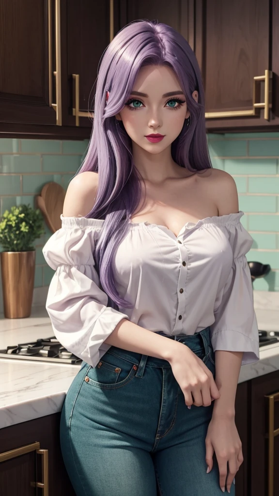 Irish woman, anime, cute, beautiful, high quality, night, 8k, long light purple hair, green eyes, red lips, eyelashes, standing, long beautiful white shirt, off the shoulder sleeves, sweetheart neckline, blue jeans, kitchen, food