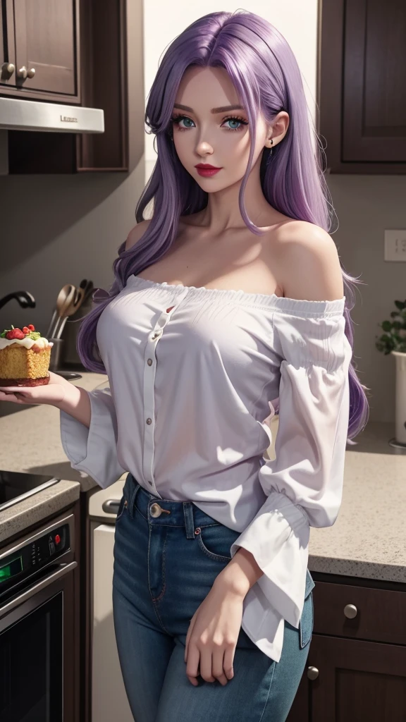 Irish woman, anime, cute, beautiful, high quality, night, 8k, long light purple hair, green eyes, red lips, eyelashes, standing, long beautiful white shirt, off the shoulder sleeves, sweetheart neckline, blue jeans, kitchen, food