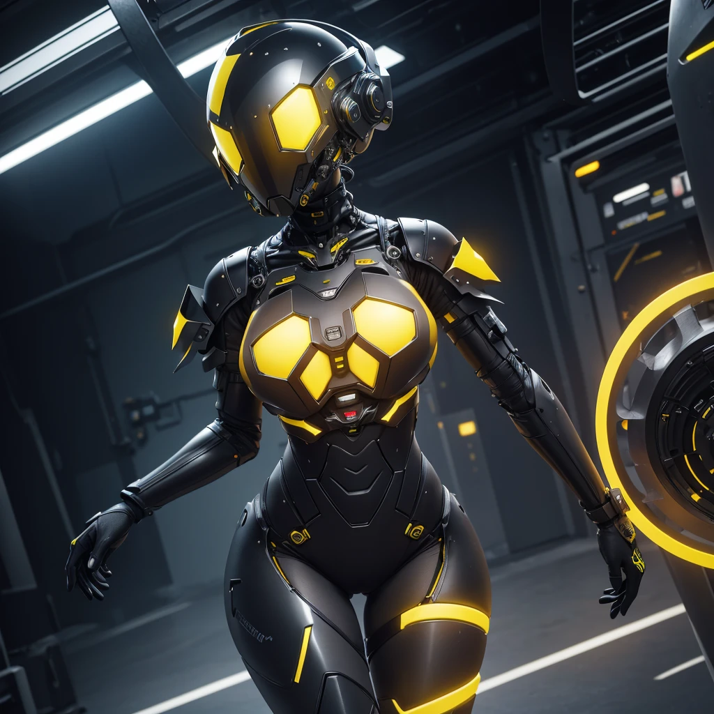 (masterpiece), (best quality), (high res) Solo, (perfect anatomy) Dronificated unknown woman , (enclosed gray full body armor) (yellow lights) (yellow glowing core in the chest), (enclosed cyber helmet), (yellow screen), huge breast, narrow waist, wide hips and thick thighs, (no face) no face, no hair, no mouth, no eyes, in a factory, connected to a machine, (Being held), (sex) (fuck)
