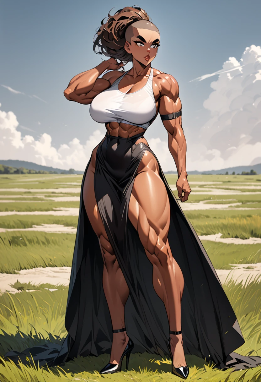 1Full body picture from a low view of A dark skinned 25-year-old woman, athletic body, very detailed short black wavy buzz cut hair, thick eyebrows, long eyelashes, beautiful brown eyes, thick lips, toned arms with tattoos and , large natural , toned abs, thick   and thighs, muscular legs very detailed, big   wearing a short pink  double split dress with lace trim, a tight fitting white sleeveless crop top shirt, black leg bands around her thighs, black arm bands on each upper arm,  white thigh high stockings, stiletto heels, standing in a very detailed grassy field on a  highly windy day, hair blowing in the wind she is looking very serious (full body) 