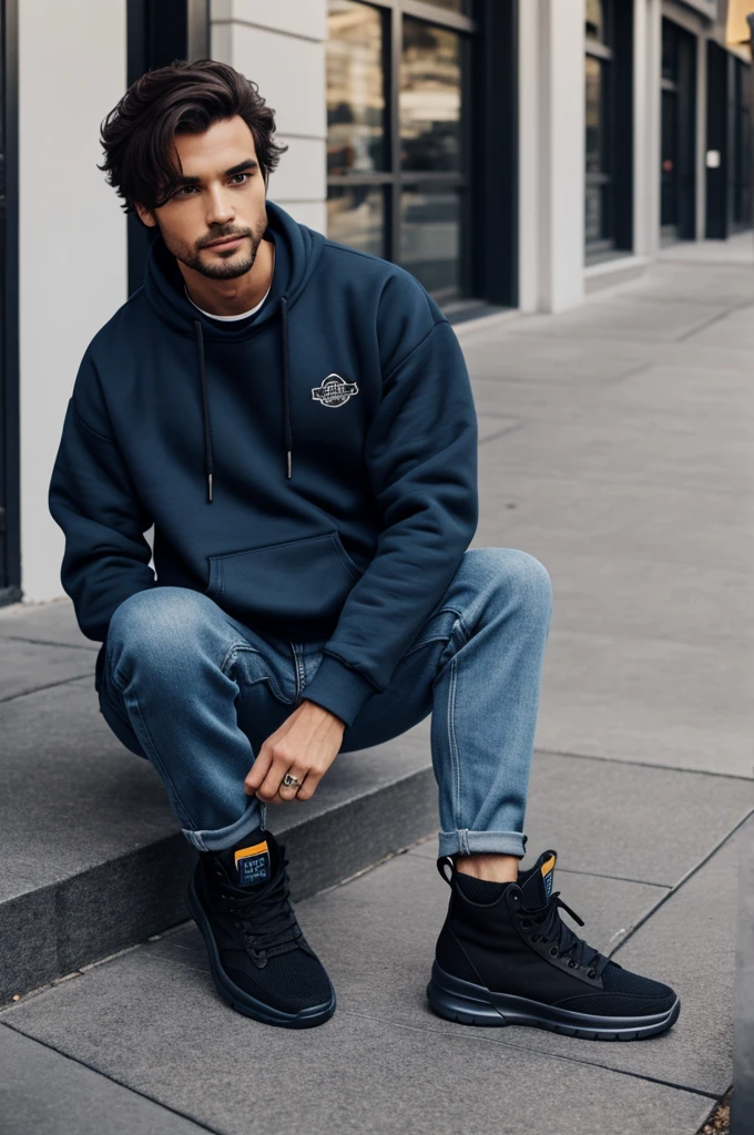 Generates a man with a blue sweatshirt, black jeans and black sneakers with little boots.