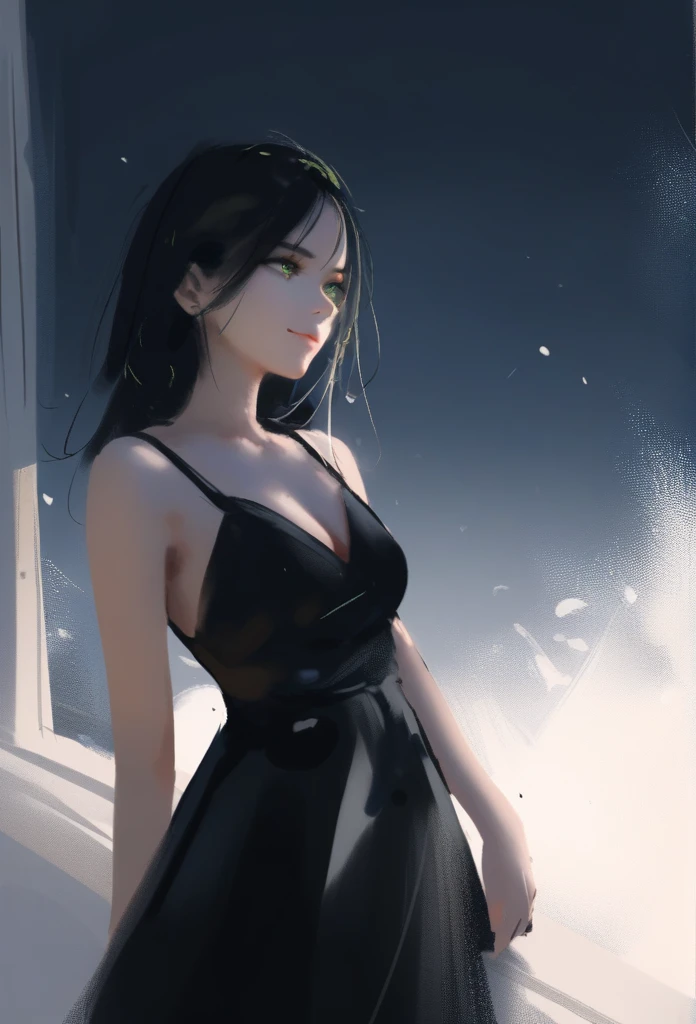 1girl, solo, wlop,
Long black hair, pale skin, green eyes, black dress, subductive smile
Background; by a window looking out, nighttime
Masterpiece, best quality