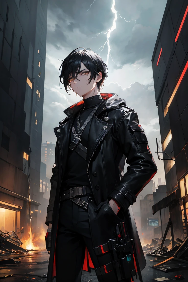Attractive man,Glitch Wave Style,Lolafont,Standing in an apocalyptic wilderness, Gunman, Bounty Hunter, Detailed face and jawline, Strong Eyes, Rugged appearance, Wearing a worn trench coat, He owns a vintage revolver, Surrounded by crumbling buildings and ruins, Dust and debris in the air, Stormy sky filled with dark clouds and lightning, Dramatic lighting casts shadows on his face, A sense of mystery and danger in the air, Added cyberpunk elements, Vibrant, saturated colors that enhance the futuristic feel, High-resolution detail capturing every wrinkle and texture of the man's clothing and environment, Create visually striking masterpieces.