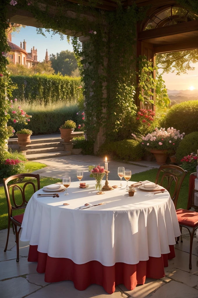 Red table with cappuccino, secret garden at dawn, where the gentle breeze carries the scent of blooming flowers, fresh lavender and a hint of sweet vanilla. The rising sun bathes everything in golden light, and when taking a deep breath, you feel a warm and enveloping embrace that awakens all your senses. 