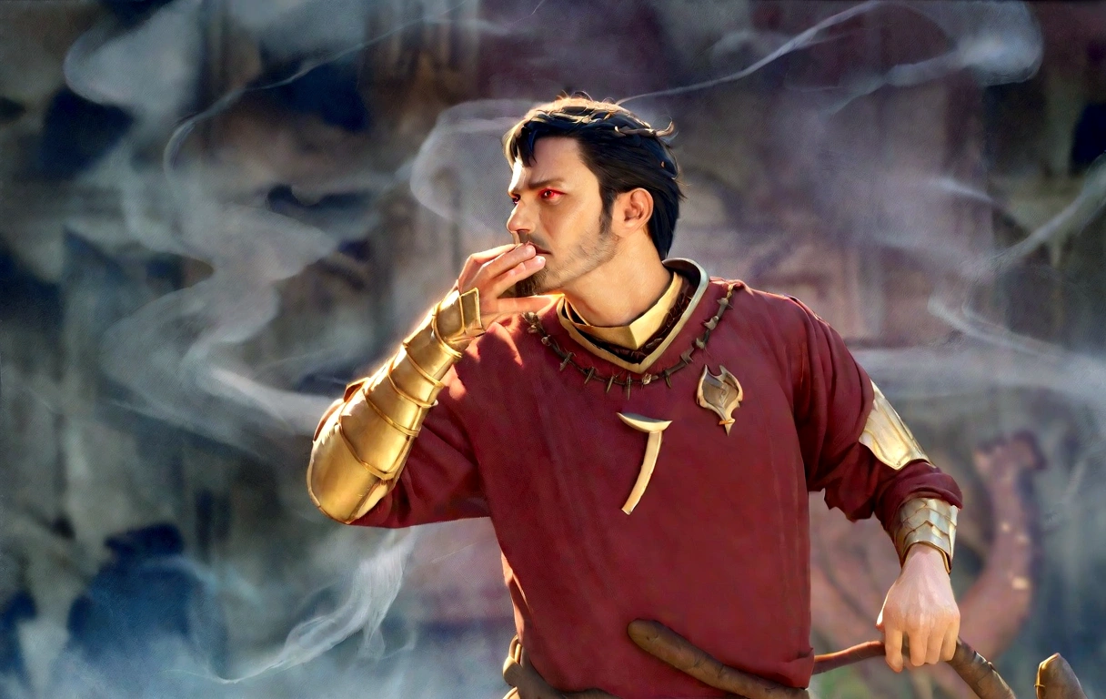 warrior, concept-art,  Fantasy art, battleground background, clean render, a horned, Wear a suit of armor, Detailed bushido form smoke, helmet of a forgotten deity, character is standing, 8k Realistic, in game render, detailed face background detail, Art station front page, taur, Pseudo-medieval fantasy, A deity wearing koi armor, detailed bronze armor, Bronze armor, golden etched armor, gold obsidian armor, Light gold armor, Gorgeous filigree armor, A demonic warrior, Gorgeous armor full of thorns, Intricate assasin armor, Intricate metal armor, powerful warrior, Dressed in gorgeous gold armor，Decorated with intricate patterns, The helmet has a large crown and two horns,Glowing red eyes， Everything is in the dark, The smoky background alludes to battle scenes, Add an ominous aura to his character，submission, Full body shot.