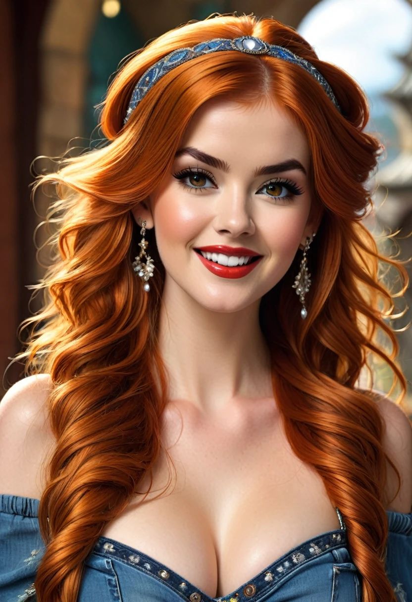 extremely beautiful model, 20 years old female, skandinavian, long bright orange hair, realistic, perky breasts, cleavage, crop top, ripped jeans, Midriff, Wide Smile, Eyes Detailed & Wide, Dynamic Pose. Hoop earing, arm bangles, headband scarf, Ultra HD, Rococo-Inspired Fantasy Art With Intricate Details. Cute, red lips, long lashes,Charming Expression, Alluring-Gaze, looking at viewer, Beautiful Eyes, An-Ideal-Figure. Large Youthful Well-Shaped-Breasts, Attractive ass showcased. Massive-Round-Bosom, Décolletage. Isla Fisher.