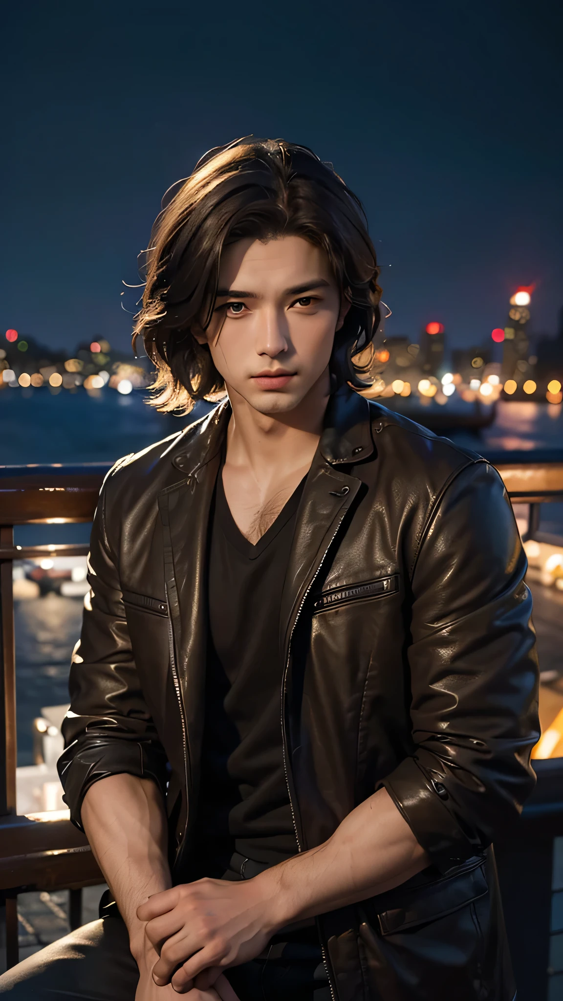 Highest quality, masterpiece, Ultra-high resolution, (Realistic:1.4), RAW Photos, Young and handsome men, Brown Hair, (Night city background:1.2)
