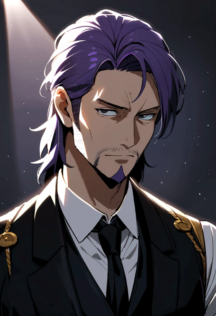 40 years old man, short purple hair parted in two, black eyes, sly face, black goatee and beard, wearing black vest, white shirt, black tie, gold buttons.