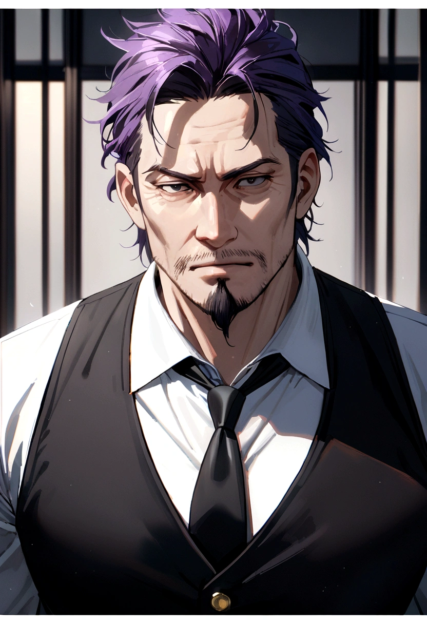 40 years old man, short purple hair parted in two, black eyes, sly face, black goatee and beard, wearing black vest, white shirt, black tie, gold buttons.