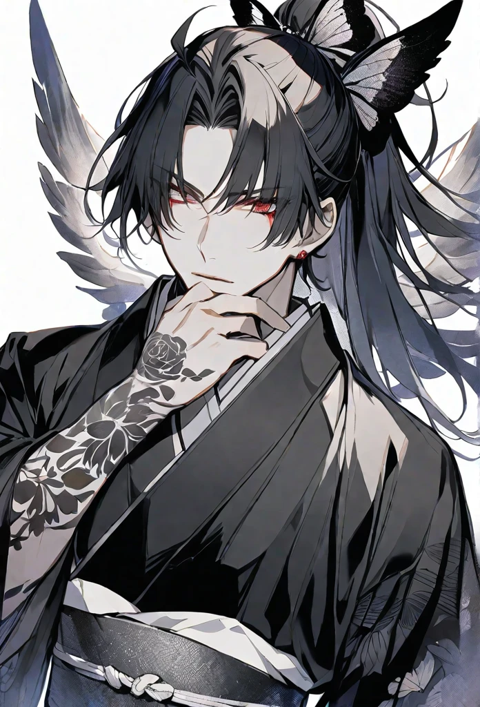 solo,handsome, monotone,Watercolor,
1. male,
bangs,Straight Hair,Bob Hair,  Ponytail,
black hair, Gojo Satoru,angel wing,
red Eyes,Black Rose Tattoo,butterfly Tattoo,
Black kimono,Japanese Pattern,
skin,Silver Accessories,
White background,