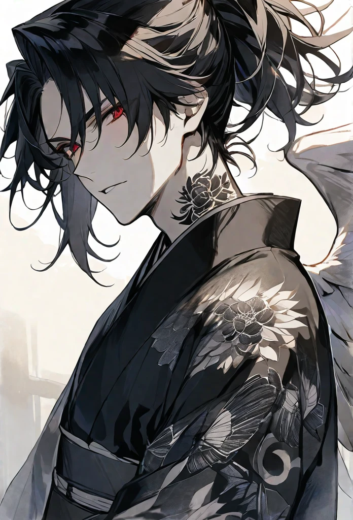 solo,handsome, monotone,Watercolor,
1. male,
bangs,Straight Hair,Bob Hair, Ponytail,
black hair, Gojo Satoru,angel wing,
red Eyes,Black Rose Tattoo,butterfly Tattoo,
Black kimono,Japanese Pattern,
skin,Silver Accessories,
White background,
