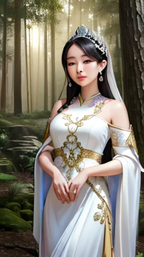 A regal Asian queen with refined and noble features, wearing an elegant white dress with delicate details. She has long, dark hair adorned with an ornate headpiece. By her side, a large, majestic white snake coils around her protectively, its scales shining softly. The background is a mystical, dimly lit forest with a serene atmosphere, where light filters gently through the trees, casting a tranquil glow.