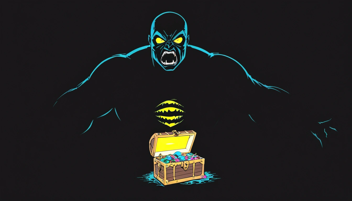 Monster shape shifting, insatiable inanimate object treasure chest, VHS, glitch, distorted, nostalgia, 90's retro vibes, analog tape, vcr aesthetics, tv, television, 1990's cartoon homage), comic 1990's, animated tv show screengrab, cinematic poster, image within image, multiple exposure, massive scale, rich color grading for shading depth, hand drawn rotoscope cartoon realism, chiaroscuro lighting, mixed media, vintage comic, retro original design, 1990's comic, sense of movement energy,