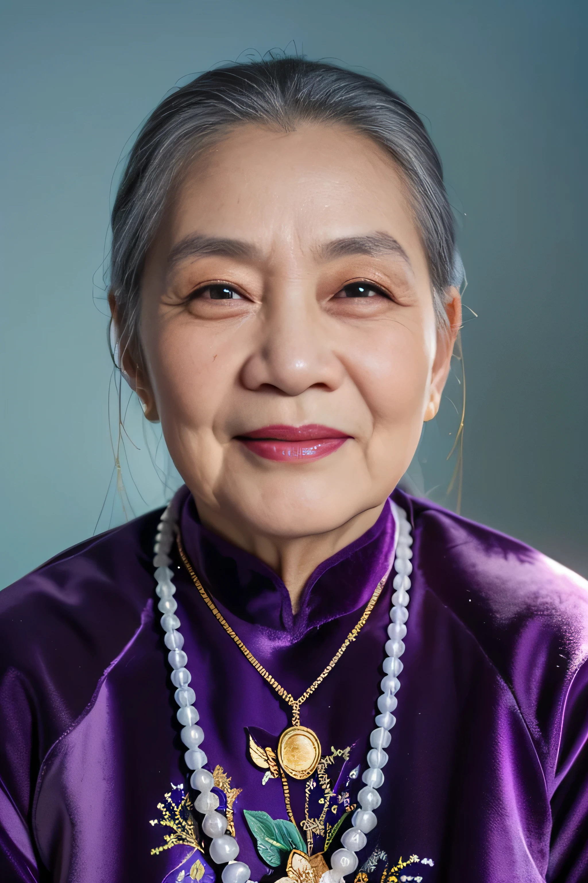 Highly realistic photo, ((masterpiece), (best quality), (raw photo), (photorealistic:1.4), Portrait of a 85 year old Vietnamese woman, ((wearing a purple velvet Vietnamese aodai)) , ((gray hair)), gold necklace and beaded necklace, (light blue background) , photo taken by Sony A7IV
