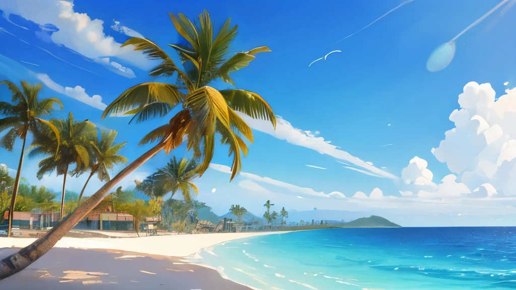 Tropical Sea,noon,Sunny sky with fluffy white clouds,Palm tree,Glitter effect,Highest quality, 8K, High resolution, masterpiece:1.2, Very detailed, Realistic:1.37, High resolution, 超High resolution, Ultra-fine painting, Professional, Vibrant colors