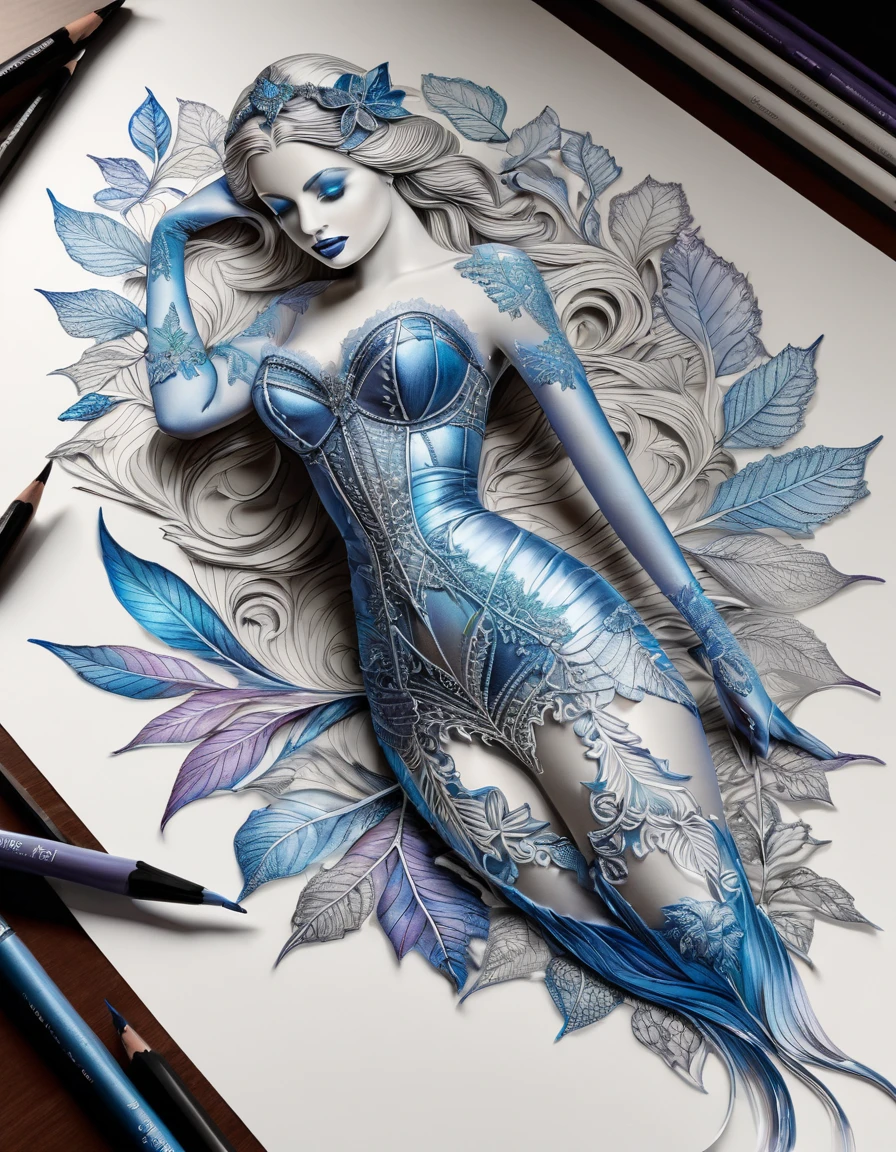 Sur une feuille de papier posée sur un grand bureau, Dessiner une grande figurine 4D de style encre uhd époustouflante et à couper le souffle, portant une sublime lingerie en dentelle très détaillés, taille fine, décolleté profond, dentelle fractale, effet holographique qui sort de la feuille de dessin, dessin extrêmement détaillé, hyperréaliste, Des détails sublimes. Un travail vraiment remarquable, travail joyeux et sensuel, lavandes luxuriantes, (sublime poitrine effet push-up,la poitrine sort de la feuille de dessin), (elle marche hors de la feuille de dessin), (proportions parfaites, masterpiece, hyperRéaliste, masterpiece, superior quality, high resolution, Extremely detailed, highly detailed 8K wallpaper, détails fractales)