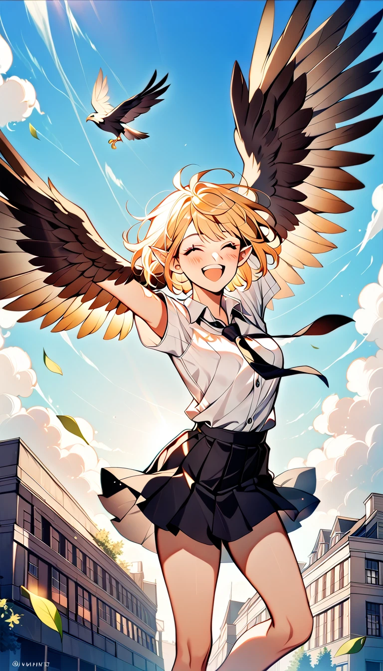 1girl,20s,happy,white shirt,black standard tie,short sleeves,black school skirt,short hair,light blonde hair,pointy ears,harpy wings,sky,day,sunlight, illuminated,