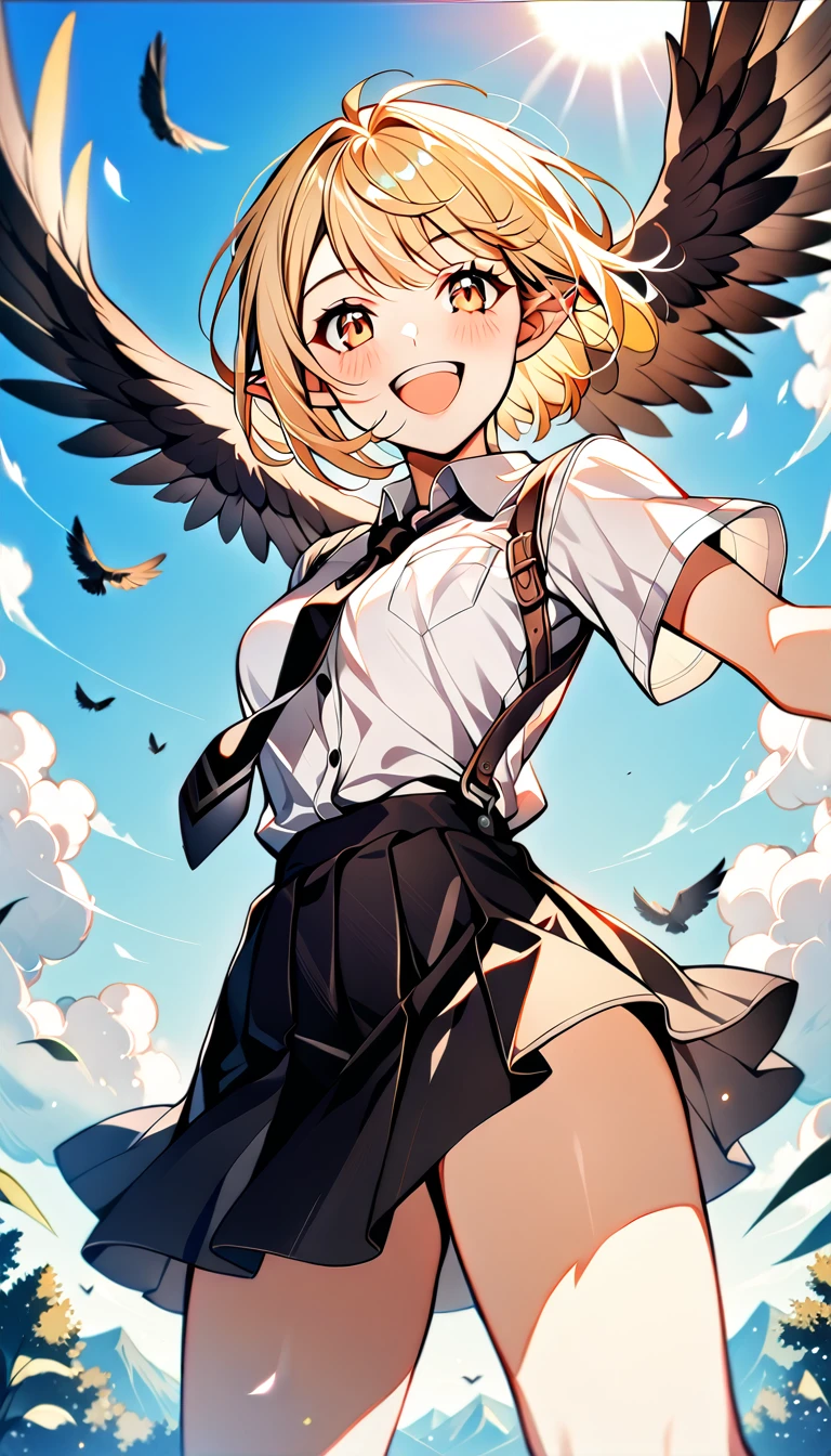 1girl,20s,happy,white shirt,black standard tie,short sleeves,black school skirt,short hair,light blonde hair,pointy ears,harpy wings,sky,day,sunlight, illuminated,