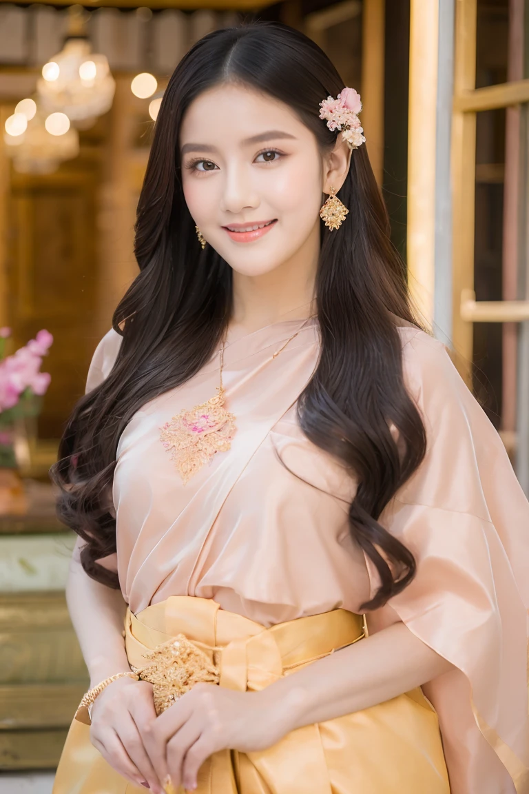 A beautiful young woman with long black hair, a gentle smile, pink skin, beautiful gold jewelry, a pink traditional Thai dress. The backdrop is an ancient Thai style wooden pavilion by the pool.