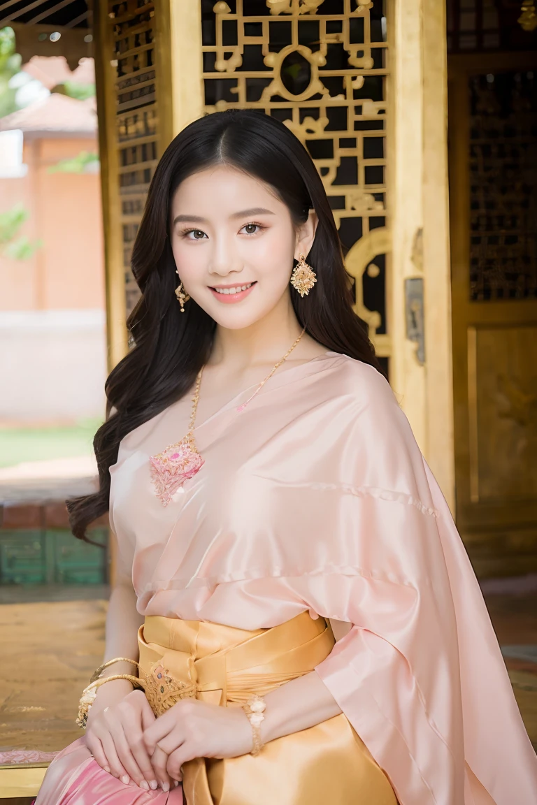 A beautiful young woman with long black hair, a gentle smile, pink skin, beautiful gold jewelry, a pink traditional Thai dress. The backdrop is an ancient Thai style wooden pavilion by the pool.