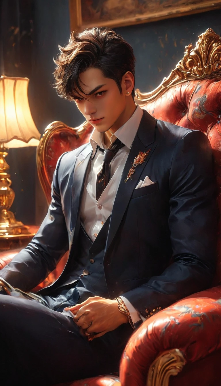 (masterpiece:1.3), (absurdres:1.3), (best quality:1.3), (8K), (large masterpiece digital art), (detailed manga illustration), (handled hair), perfect anatomy, (sharp eyeliner, eyeshadow, detailed eyes:1.1), (intricate details:1.3), (ultra-detailed:1.3), (illustration:1.3), (sharp focus:1.3), (natural lighting:1.05), (vivid colors:1.3), BREAK, 1boy, line art, Vampire, mafia, gangster, sitting on sofa, glare